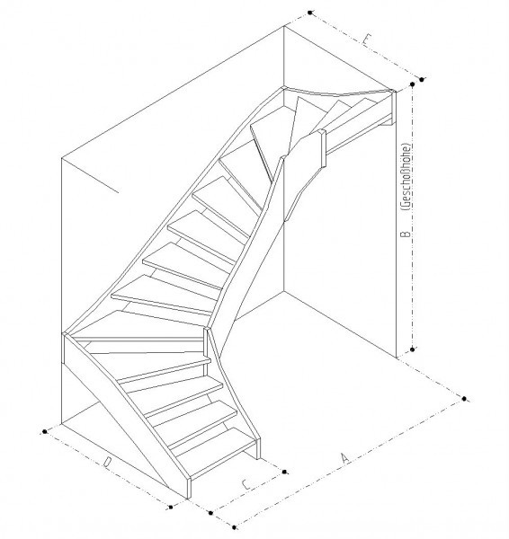 Treppe 2x90° rechts gewendelt Buche naturbunt Parkett-Optik