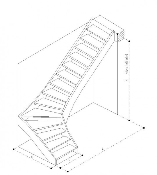 Treppe 90° rechts gewendelt Ahorn, parkettverleimt massiv